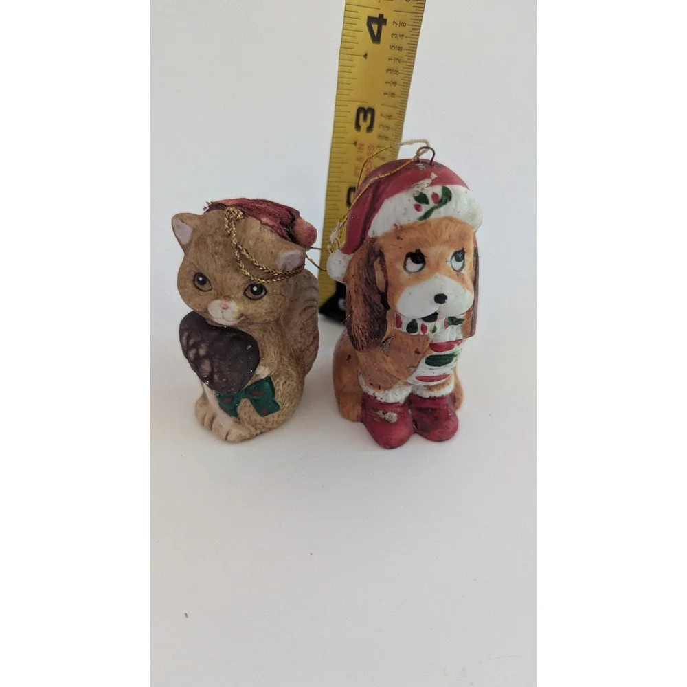 Vintage 1986 Ceramic Christmas Ornaments Set Dog and cat  Holiday Decor